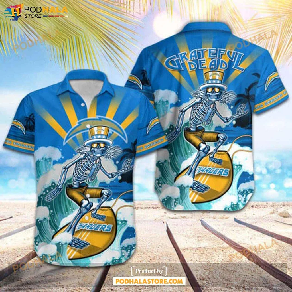 Laid Back Skeleton Surf Shirt, Los Angeles Chargers Grateful Dead Design
