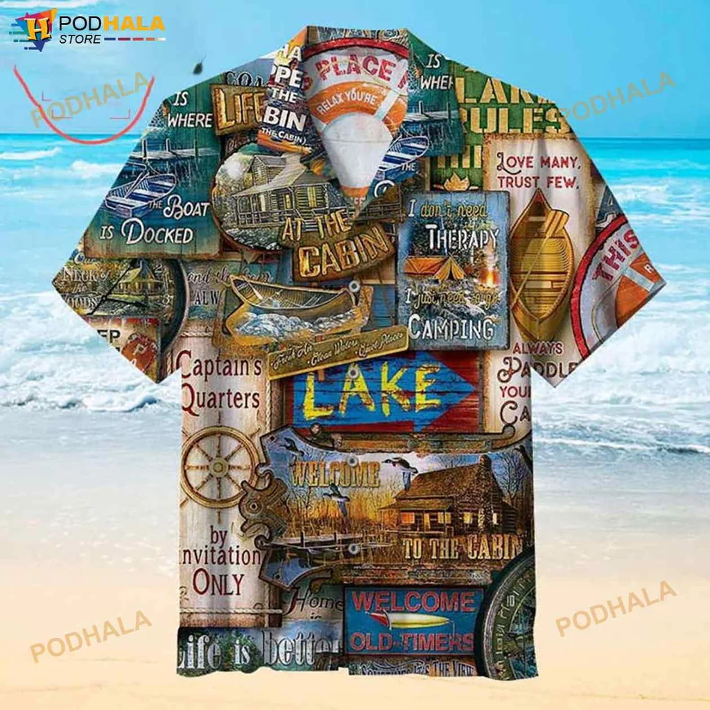 Lake Themed Hawaiian Shirt With Colorful Cabin And Boat Graphics