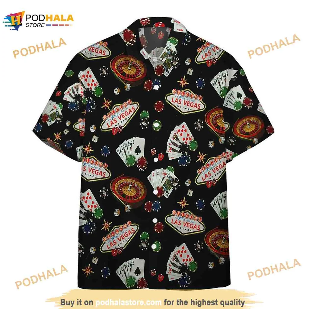 Las Vegas Gambling Hawaiian Shirt With Poker Chips And Roulette Wheels
