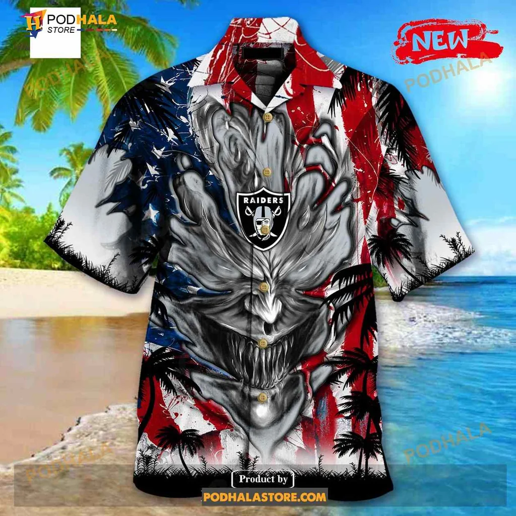 Las Vegas Raiders Demon Face Hawaiian Shirt With Us Flag Design