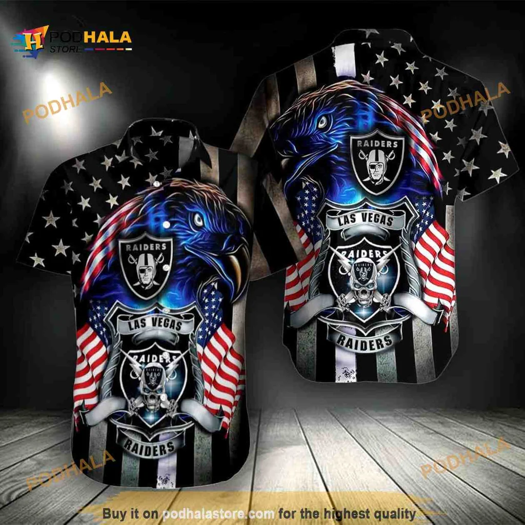 Las Vegas Raiders Eagle Aloha Shirt With American Flag Design