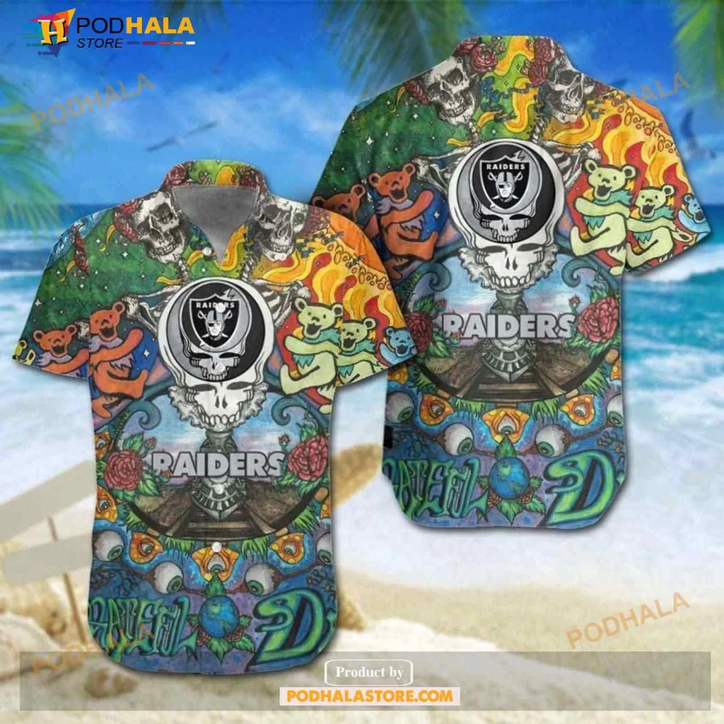 Las Vegas Raiders Grateful Dead Hawaiian Shirt With Colorful Skull Design