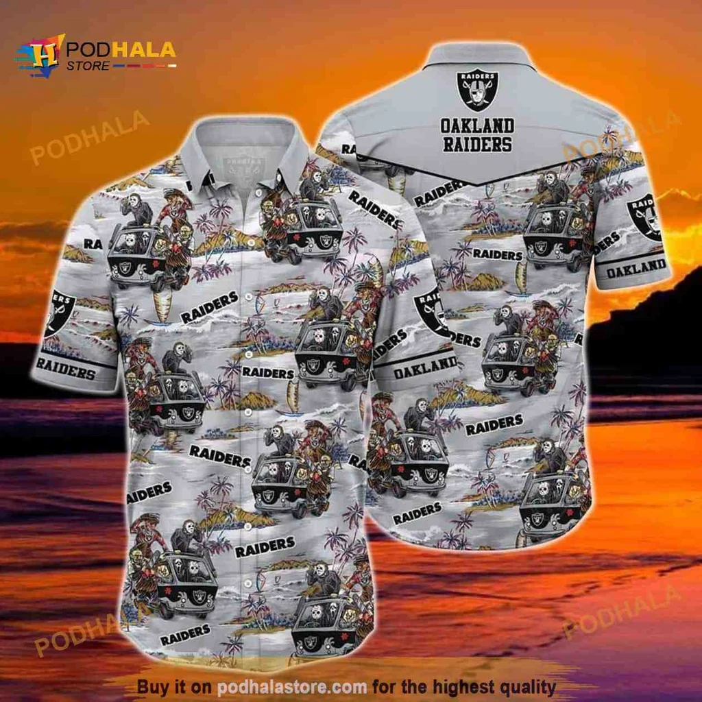 Las Vegas Raiders Halloween Aloha Shirt With Spooky Characters