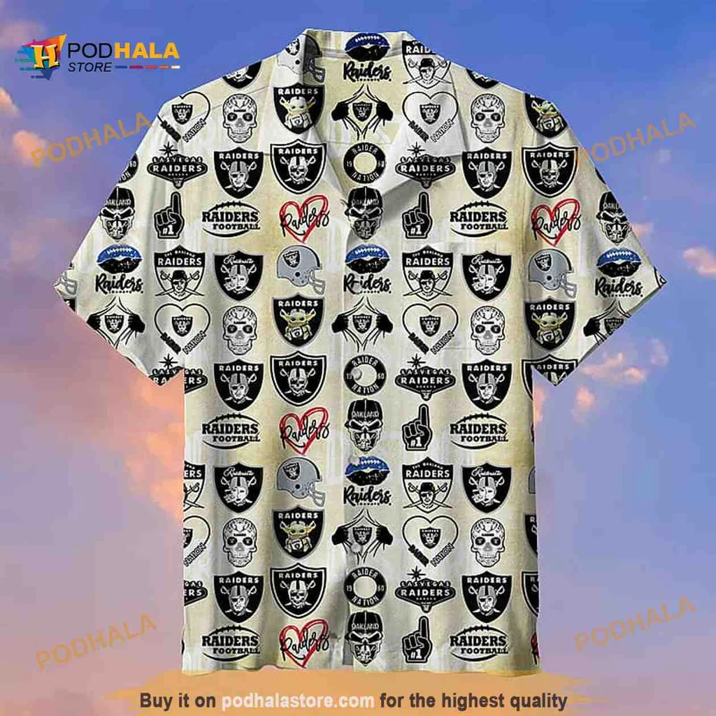Las Vegas Raiders Hawaiian Shirt Featuring Team Logos And Symbols
