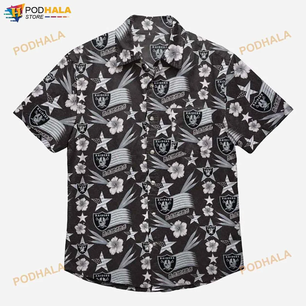 Las Vegas Raiders Hawaiian Shirt With American Flags And Hibiscus Flowers