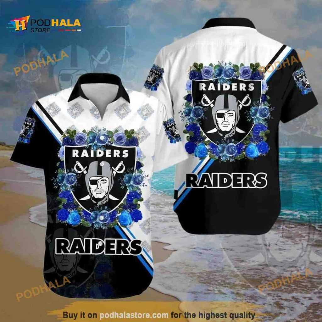 Las Vegas Raiders Hawaiian Shirt With Blue Roses Design