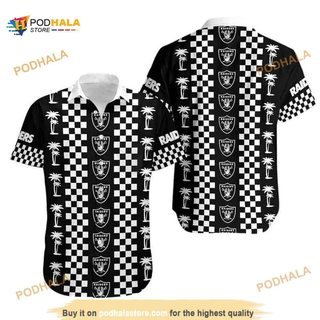 Las Vegas Raiders Hawaiian Shirt With Checkerboard Pattern And Palm Trees