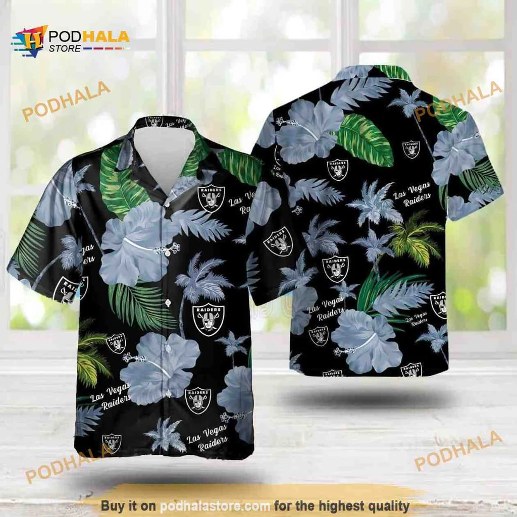 Las Vegas Raiders Hawaiian Shirt With Hibiscus Flowers And Tropical Leaves