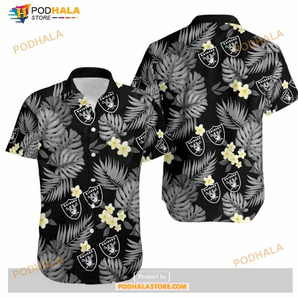 Las Vegas Raiders Hawaiian Shirt With Tropical Palm Leaves And Hibiscus Flowers