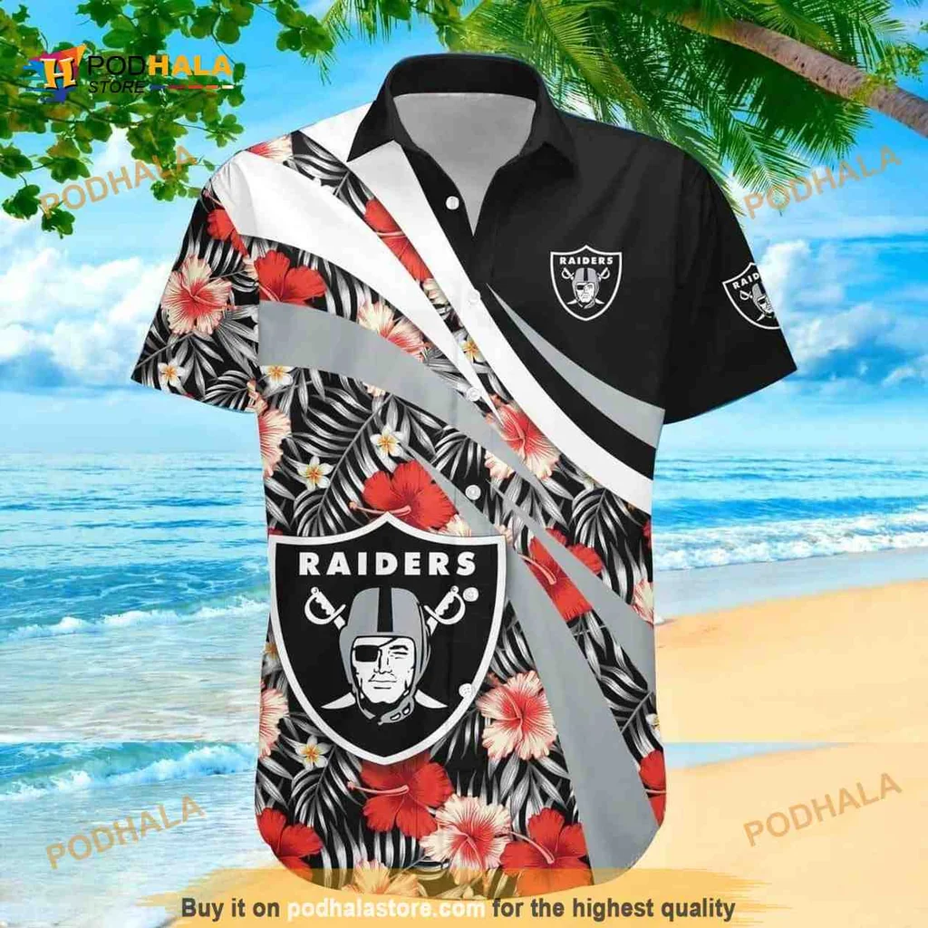 Las Vegas Raiders Hibiscus Aloha Shirt With Bold Black And White Stripes
