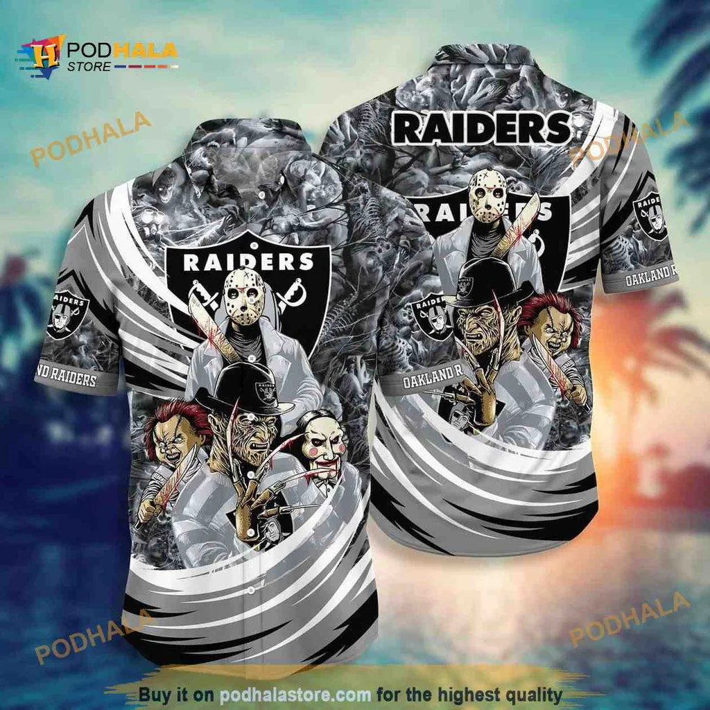Las Vegas Raiders Horror Aloha Shirt Featuring Jason Freddy And Ghostface