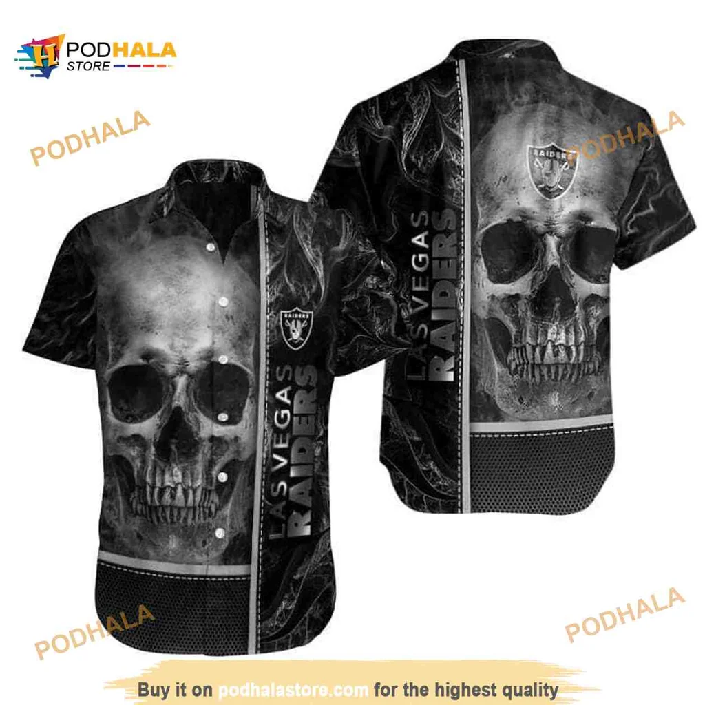 Las Vegas Raiders Skull Aloha Shirt, Horror Themed Hawaiian Shirt Design