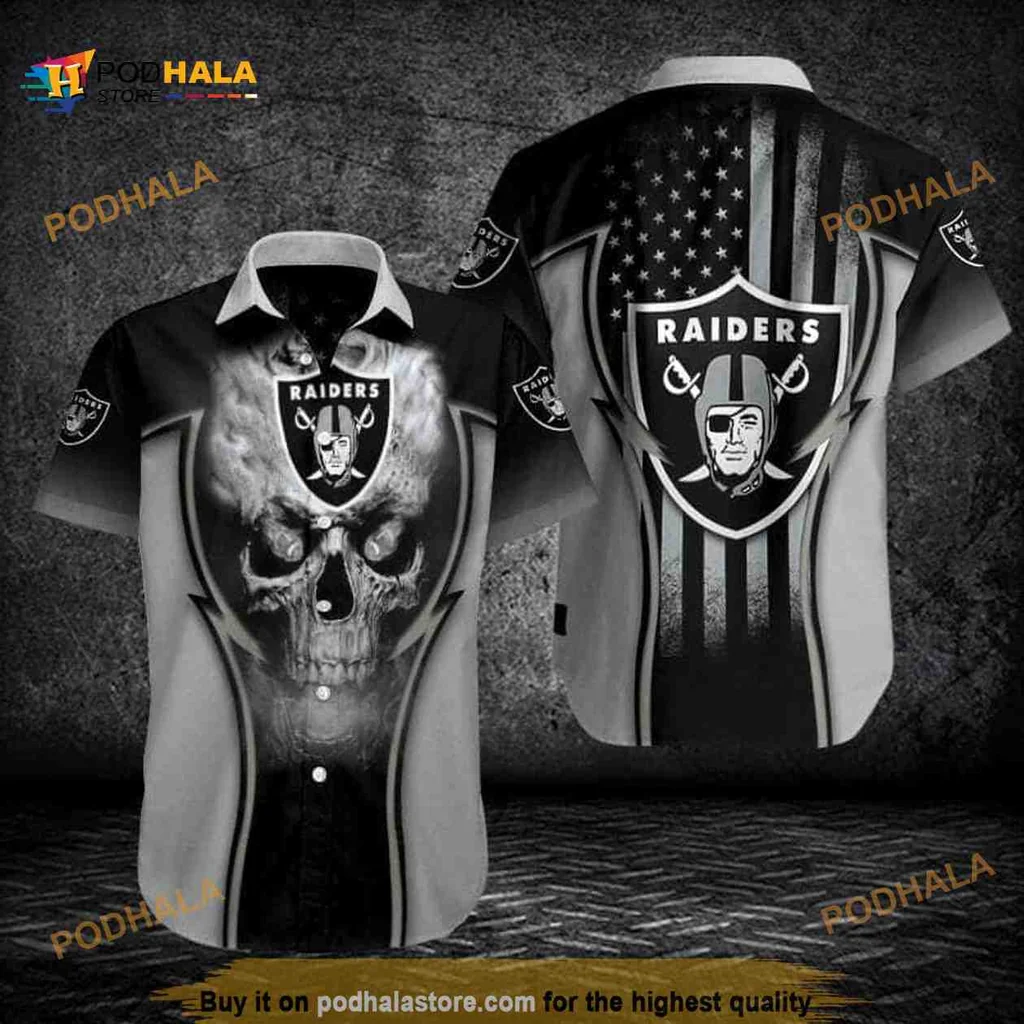 Las Vegas Raiders Skull Aloha Shirt With American Flag Design