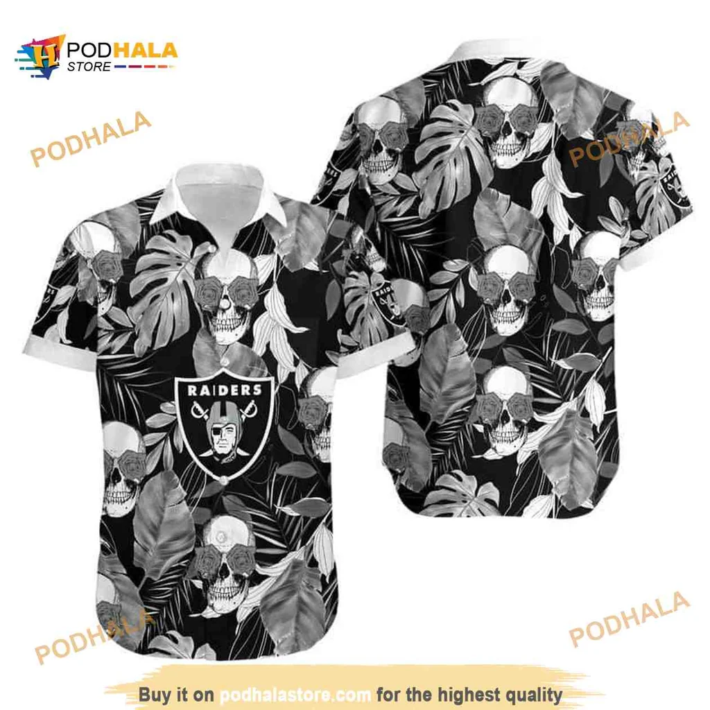 Las Vegas Raiders Skull Aloha Shirt With Coconut Leaves Design
