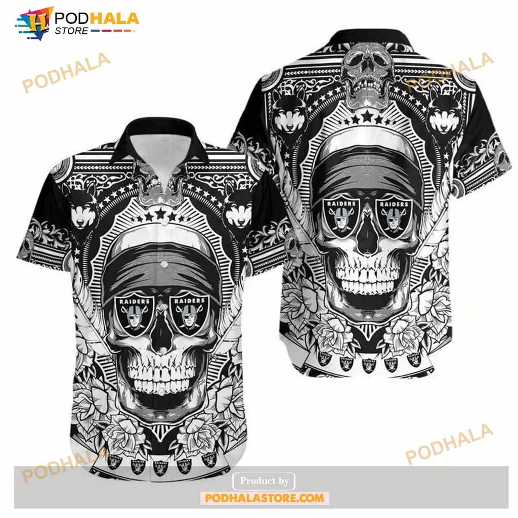 Las Vegas Raiders Skull Hawaiian Shirt With Floral Design
