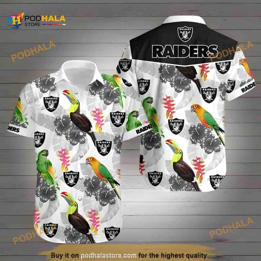Las Vegas Raiders Tropical Aloha Shirt With Parrots And Palm Leaves