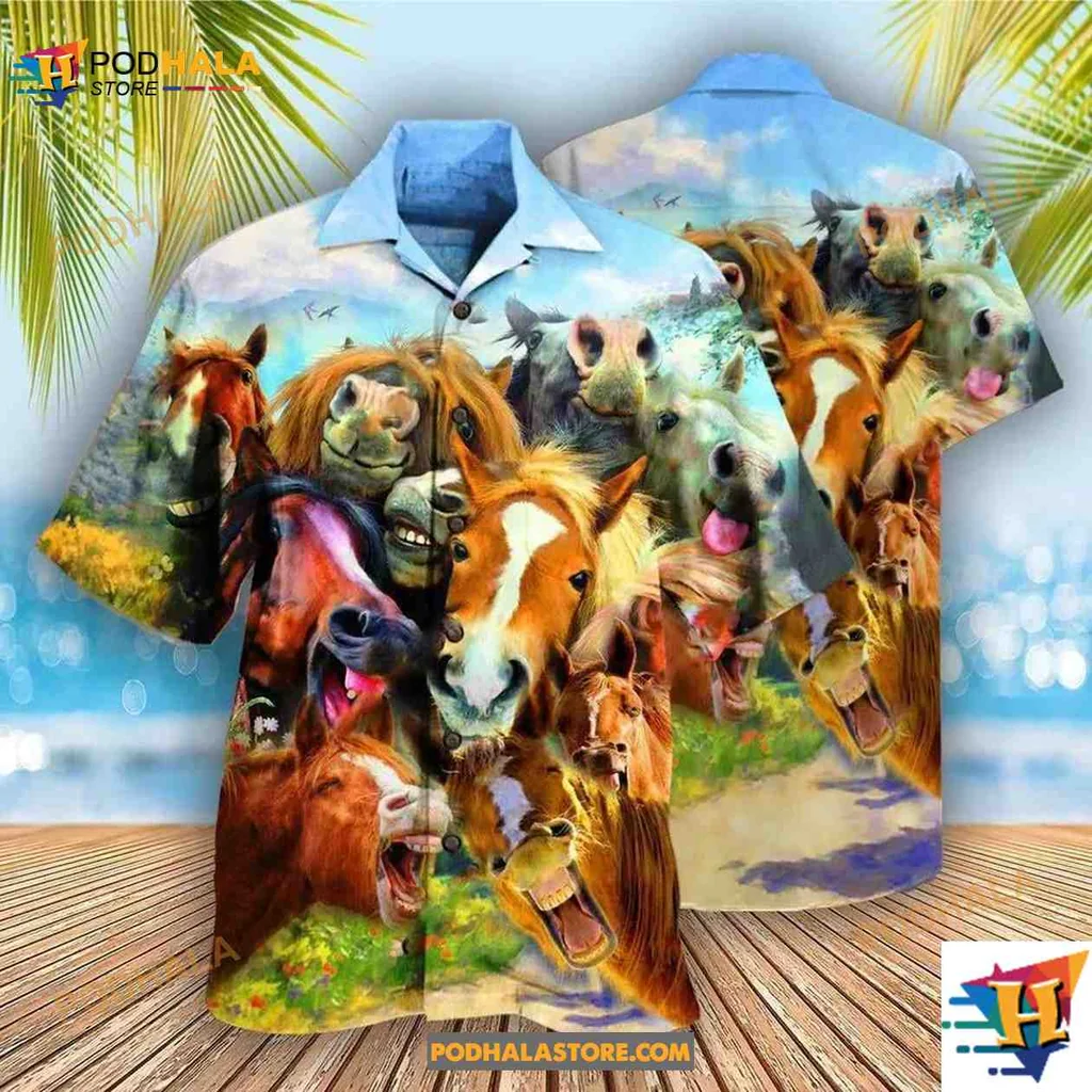 Laughing Horse Lovers Hawaiian Shirt, Vibrant Design For Equestrian Enthusiasts