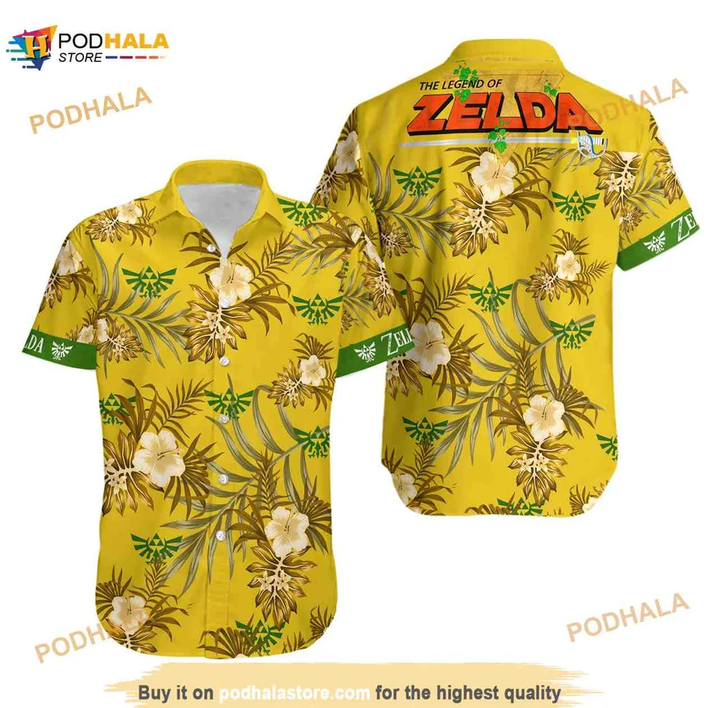 Legend Of Zelda Aloha Shirt With Tropical Palm Leaves And Hibiscus Flowers