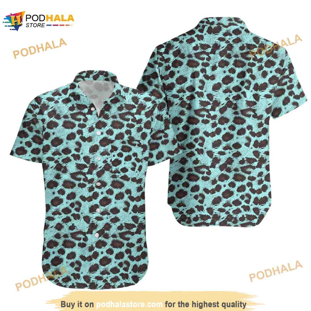 Leopard Print Hawaiian Shirt With Turquoise And Black Spots
