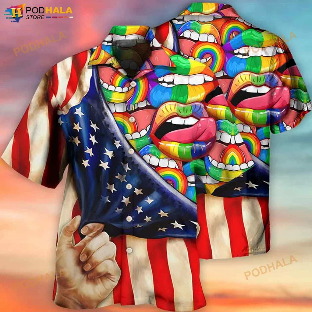 Lgbt Pride Colorful Hawaiian Shirt With Cartoon Lips And American Flag Design