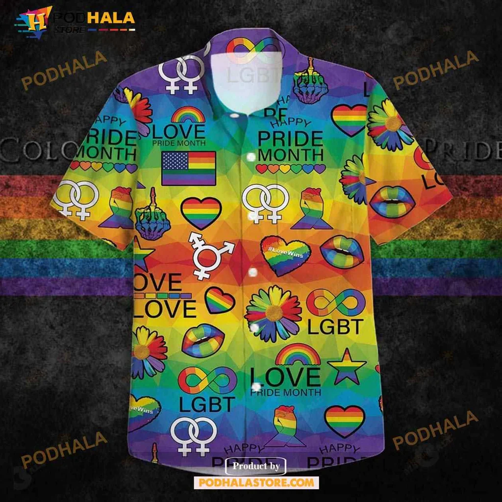 Lgbt Pride Rainbow Aloha Shirt With Colorful Symbols Of Love And Acceptance