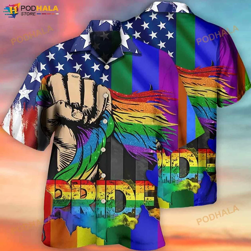 Lgbt Pride Rainbow Hawaiian Shirt With Bold Fist And Patriotic Elements