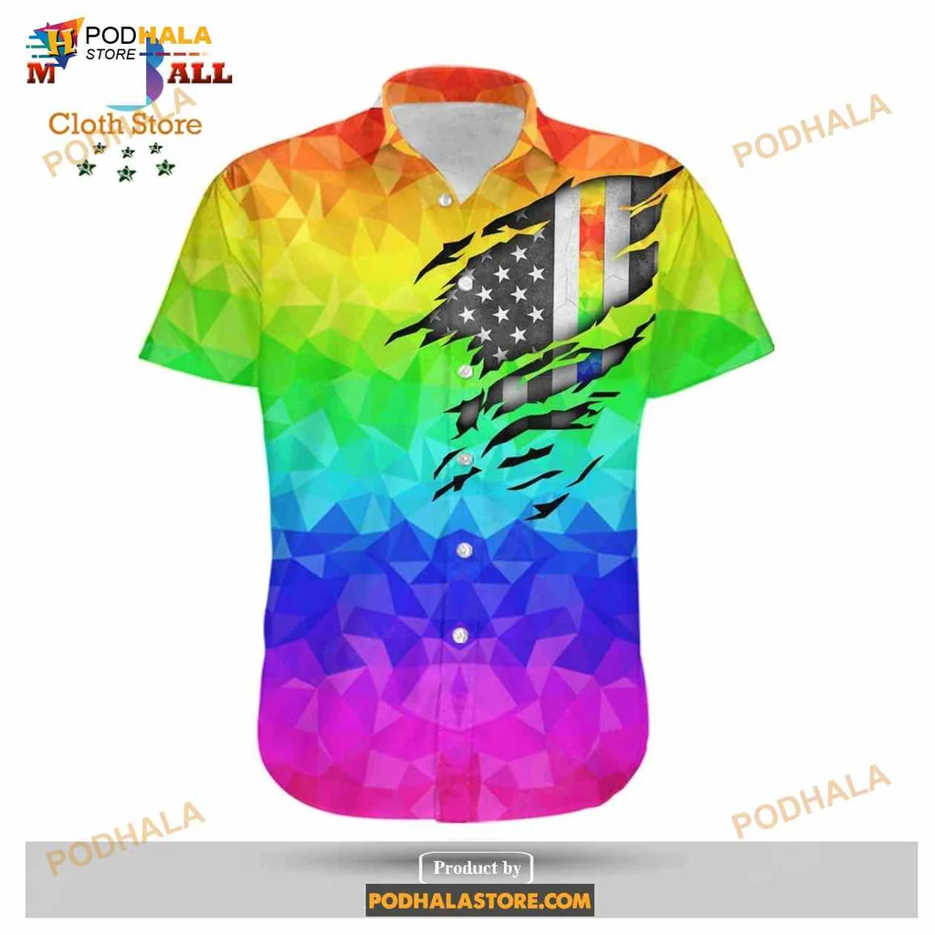 Lgbt Pride Rainbow Hawaiian Shirt With Polygonal American Flag Design