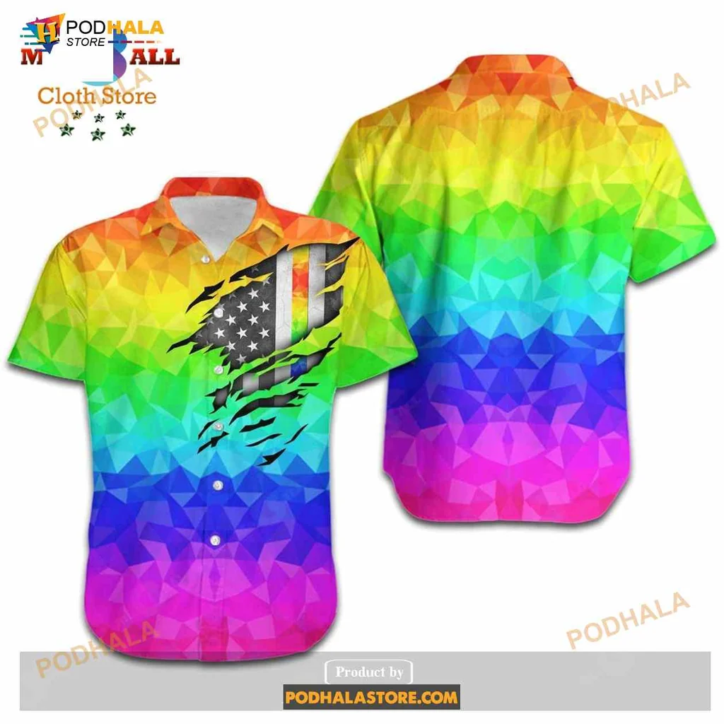 Lgbt Pride Rainbow Aloha Shirt With Polygonal American Flag Design Lgbt Pride Rainbow Aloha Shirt With Polygonal American Flag Design