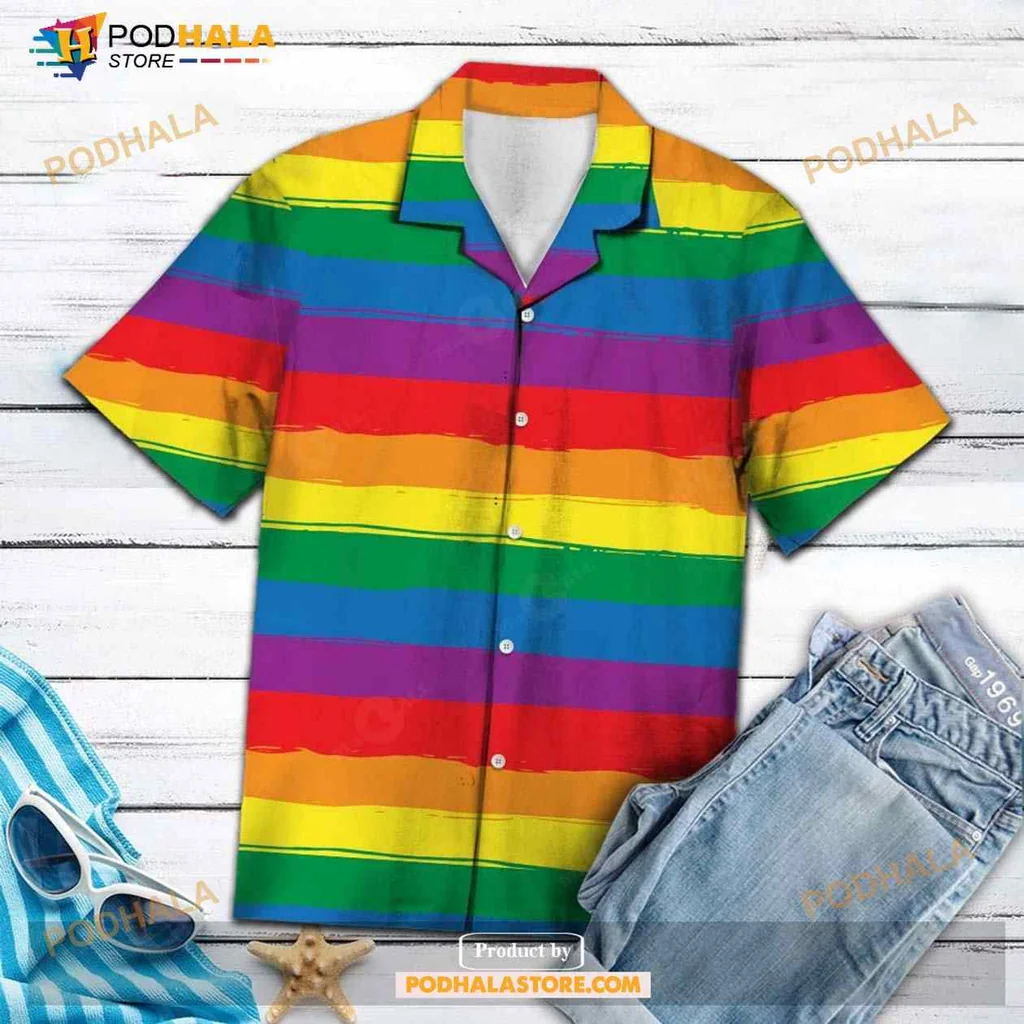 Lgbt Rainbow Aloha Shirt With Multicolor Stripes For Pride Events