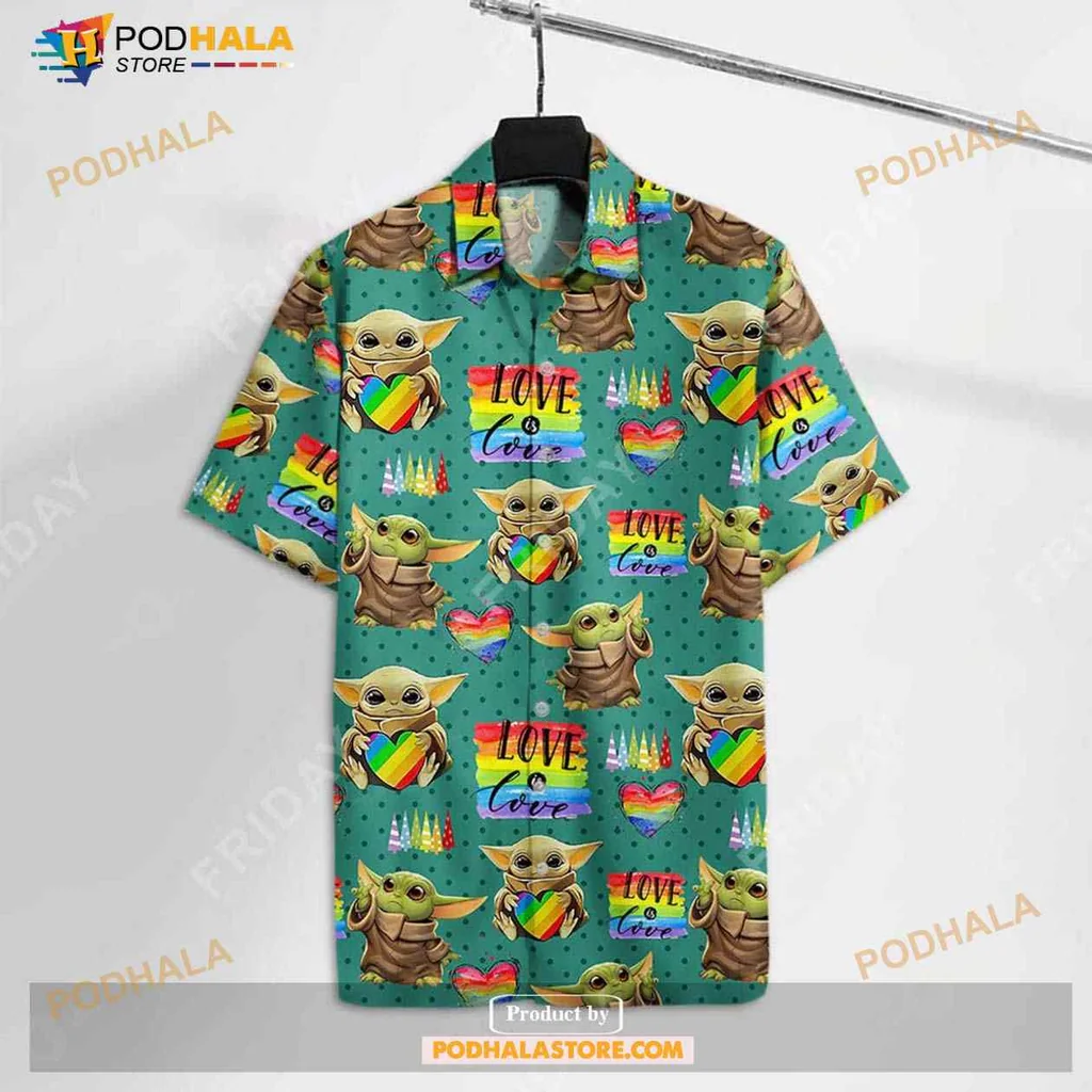 Lgbt Rainbow Grogu Hawaiian Shirt With Colorful Hearts And Polka Dots