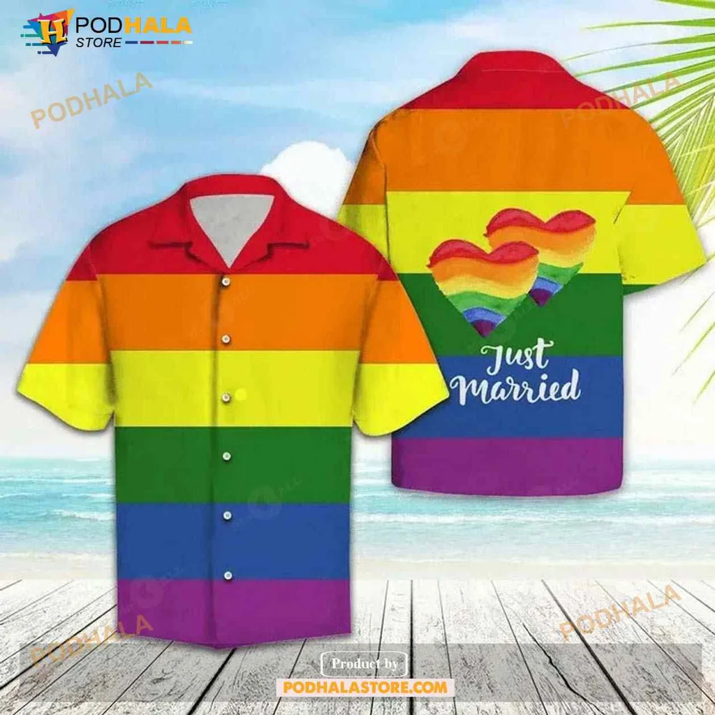 Lgbt Rainbow Just Married Hawaiian Shirt With Intertwined Hearts