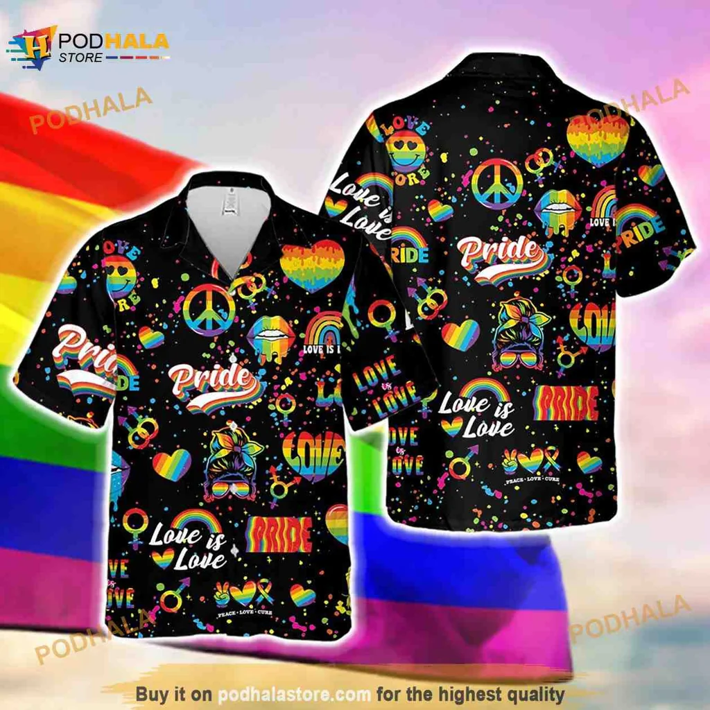 Lgbtq Pride Hawaiian Shirt With Rainbow Hearts And Equality Symbols