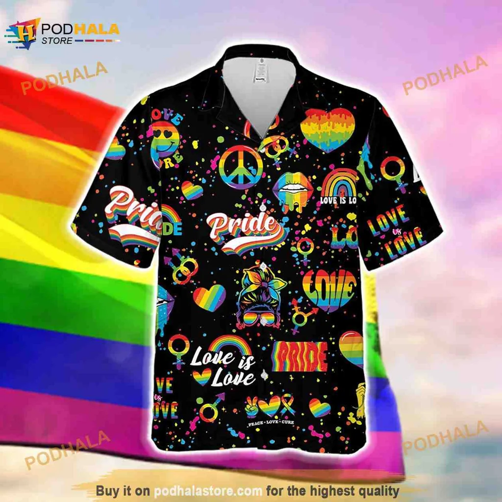 Lgbtq Pride Aloha Shirt With Rainbow Hearts And Equality Symbols Lgbtq Pride Aloha Shirt With Rainbow Hearts And Equality Symbols