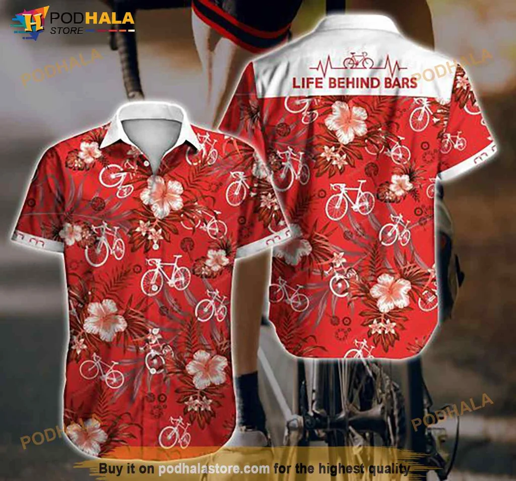 Life Behind Bars Hawaiian Shirt, Vibrant Red With Bicycles And Hibiscus