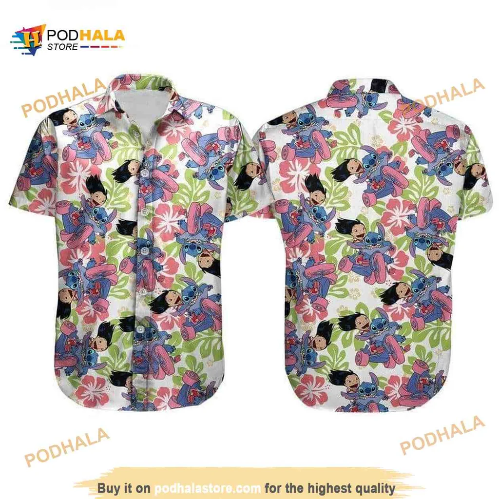 Lilo And Stitch Aloha Shirt, Cartoon Characters Riding Bike, Tropical Design