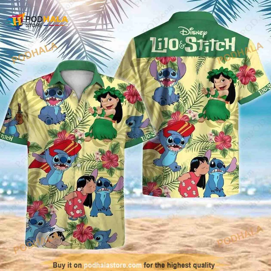 Lilo And Stitch Aloha Shirt With Tropical Characters And Hibiscus Flowers