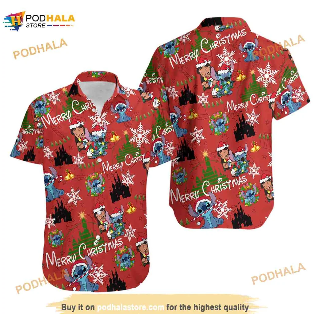 Lilo And Stitch Christmas Hawaiian Shirt With Merry Christmas Design