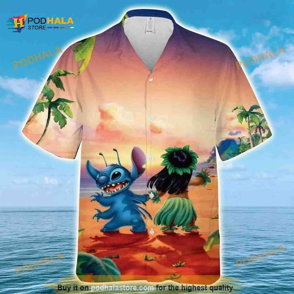 Lilo And Stitch Hawaiian Shirt Featuring Playful Sunset Scene