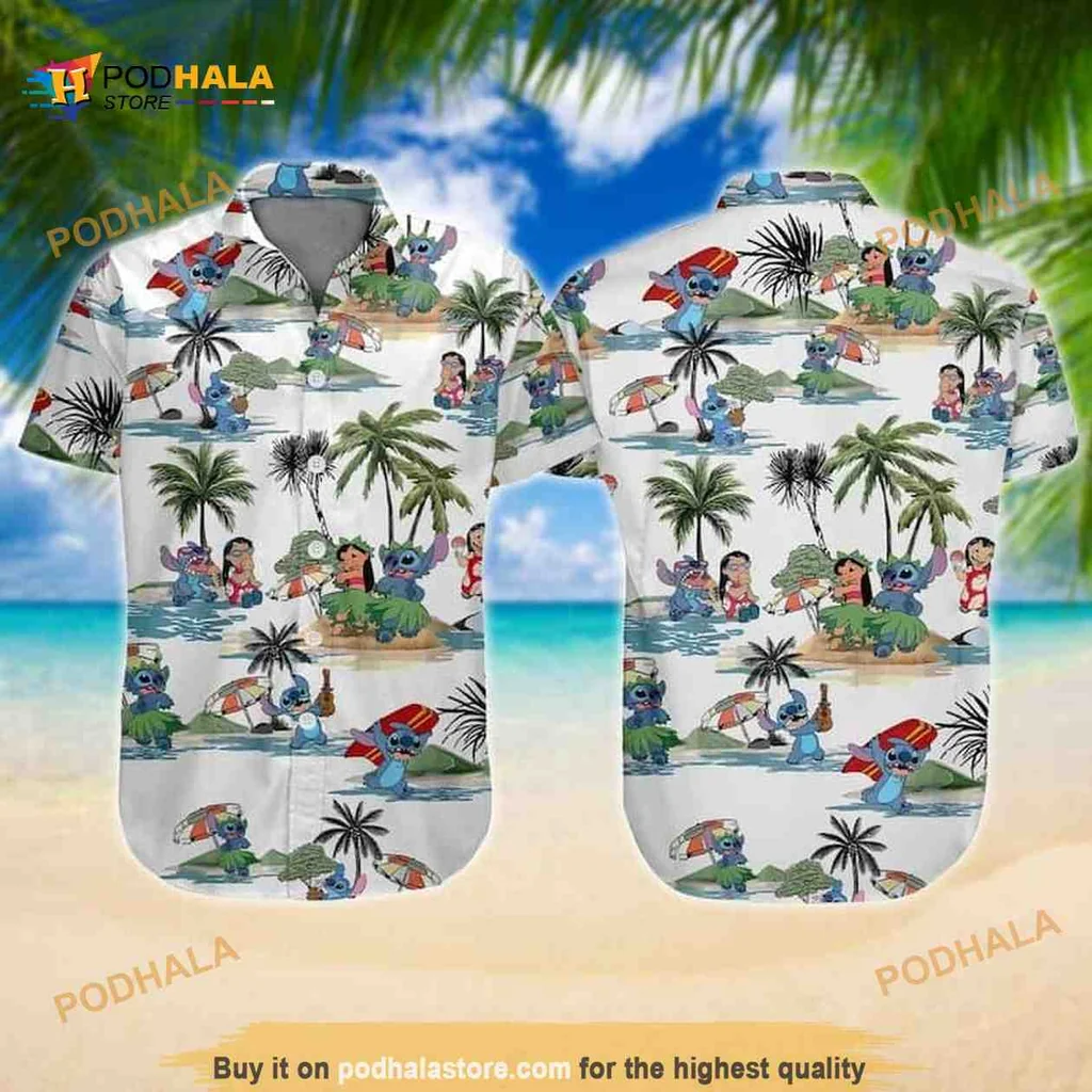 Lilo And Stitch Hawaiian Shirt Featuring Tropical Beach Scenes