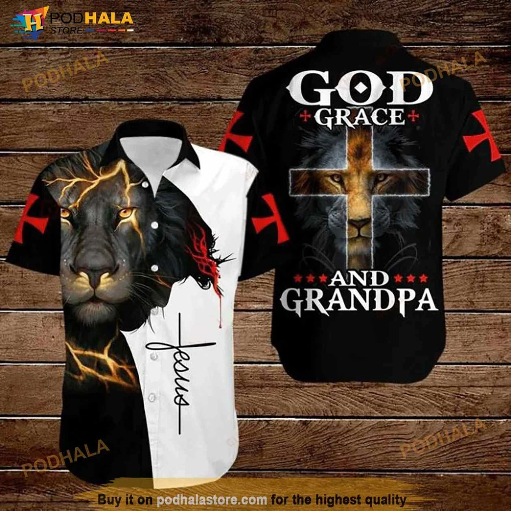 Lion Cross God Grace Hawaiian Shirt With Grandpa Design