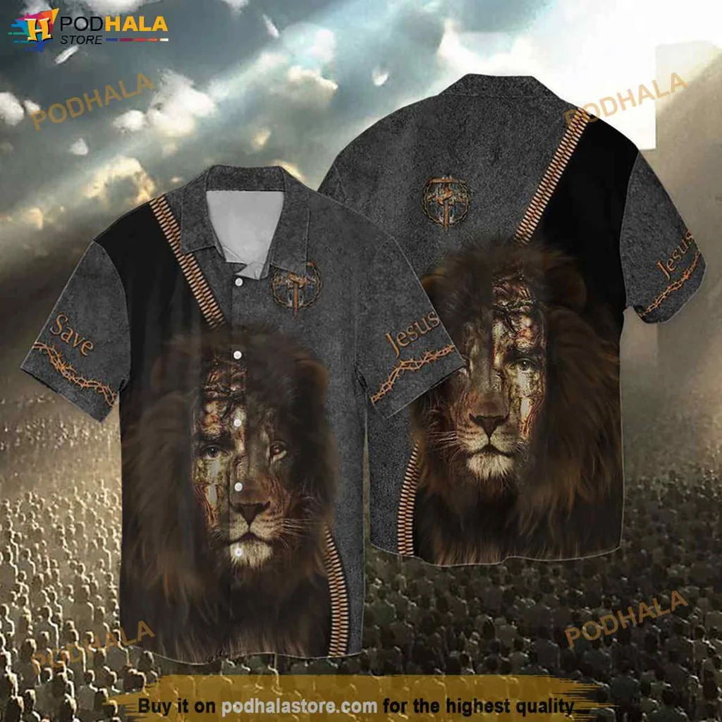 Lion Face Hawaiian Shirt, Fierce Lion Graphic On Casual Shirt For Strength And Courage
