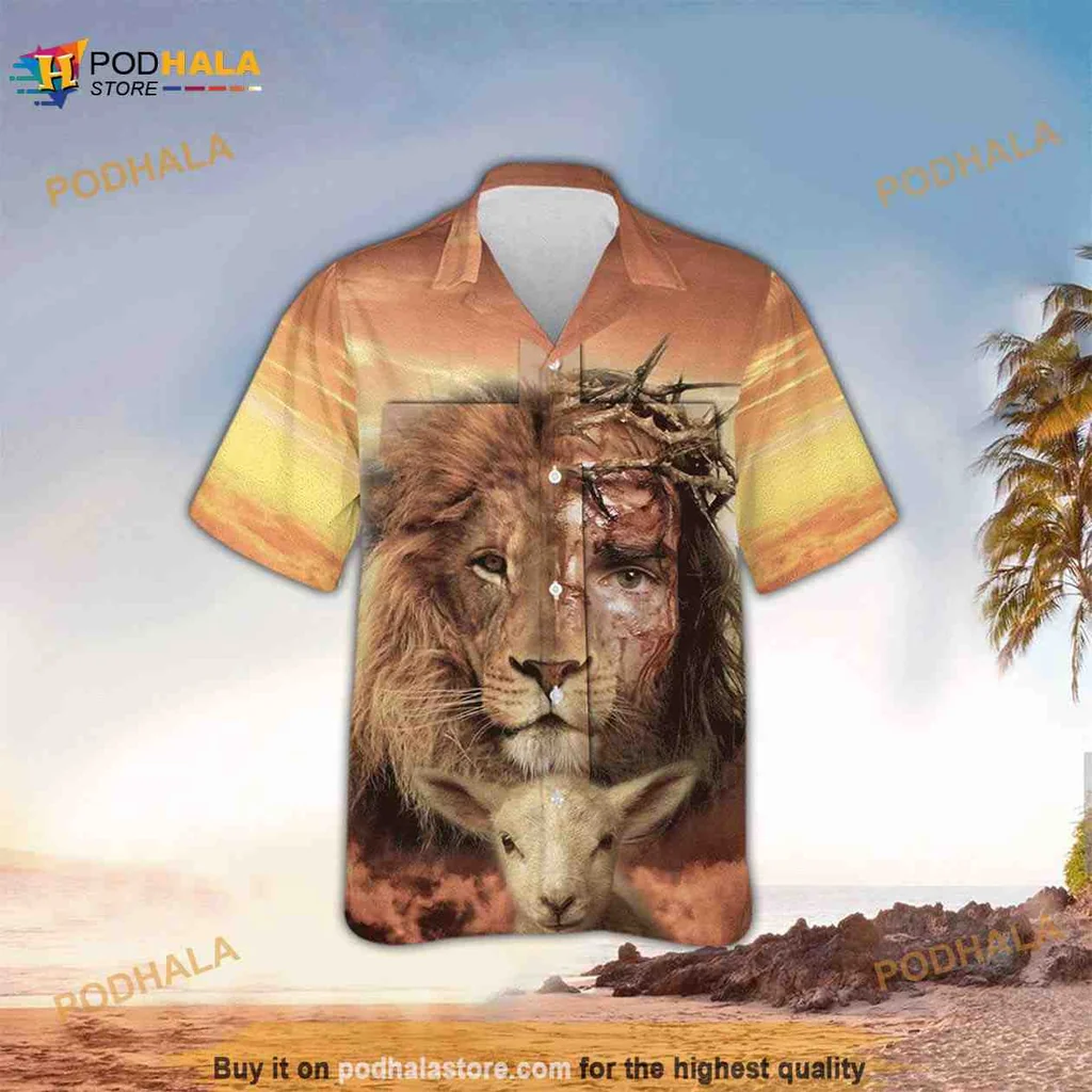 Lion Jesus Crown Thorns Hawaiian Shirt With Vibrant Tropical Design