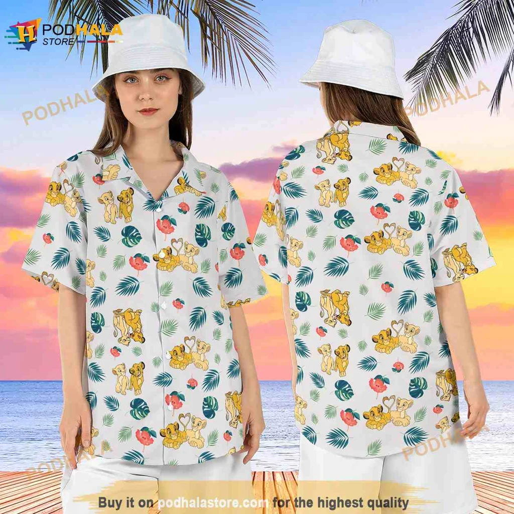 Lion King Tropical Aloha Shirt Featuring Simba And Nala Among Hibiscus