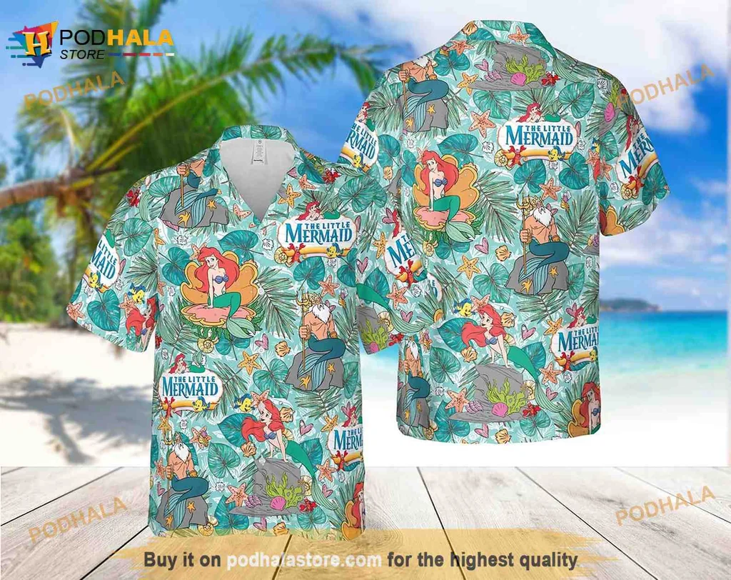 Little Mermaid Tropical Aloha Shirt Featuring Ariel And Friends