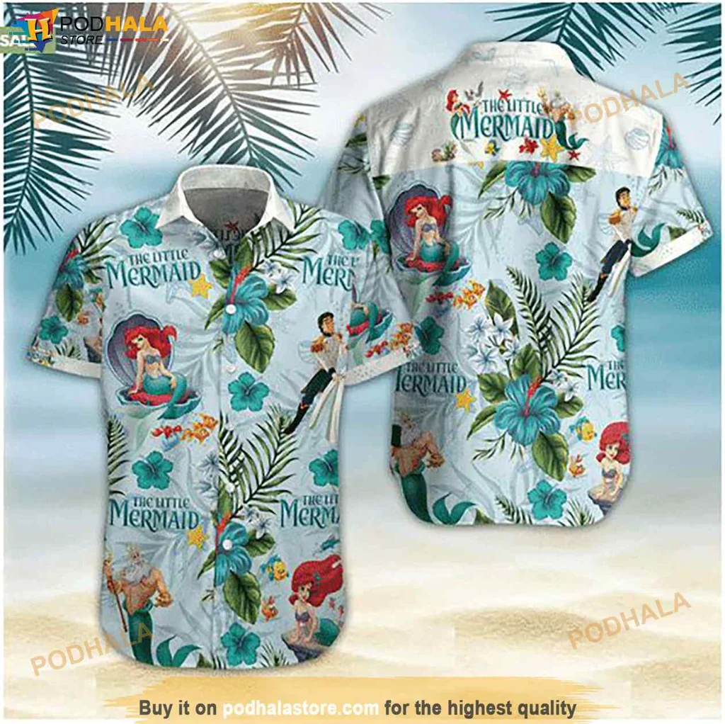Little Mermaid Tropical Shirt, Vibrant Beachwear With Mermaids And Flowers
