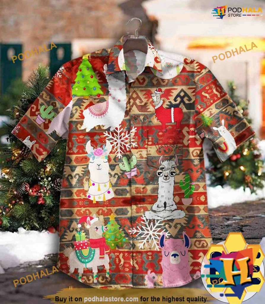 Llama Christmas Aloha Shirt With Santa Hats And Holiday Motifs