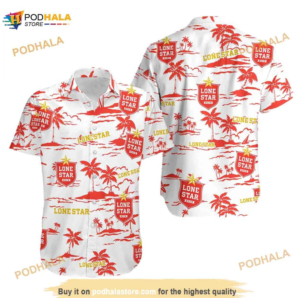 Lone Star Hawaiian Shirt With Tropical Beach Pattern And Red Star