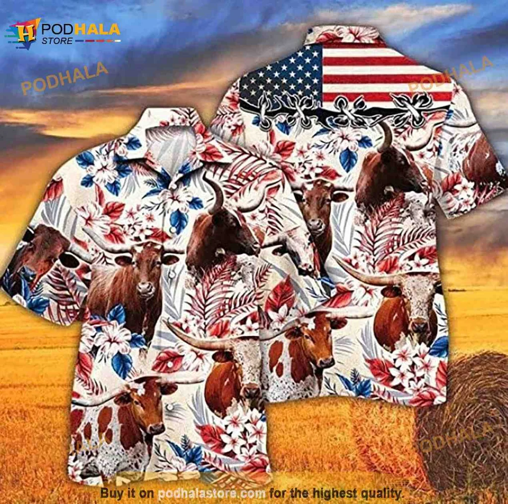 Longhorn Cattle Independence Day Hawaiian Shirt With Tropical Flowers