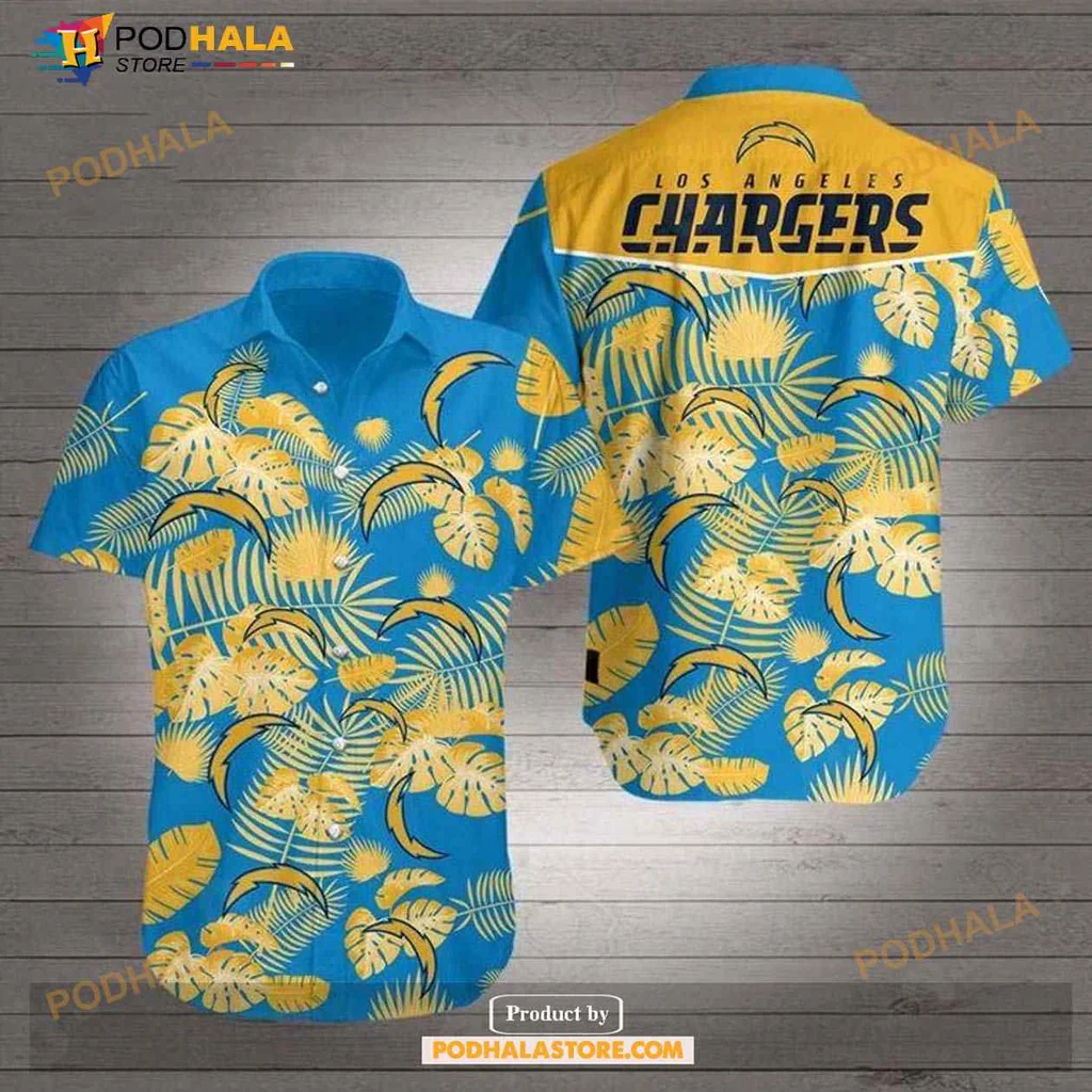 Los Angeles Chargers Aloha Shirt With Tropical Palm Leaves Design