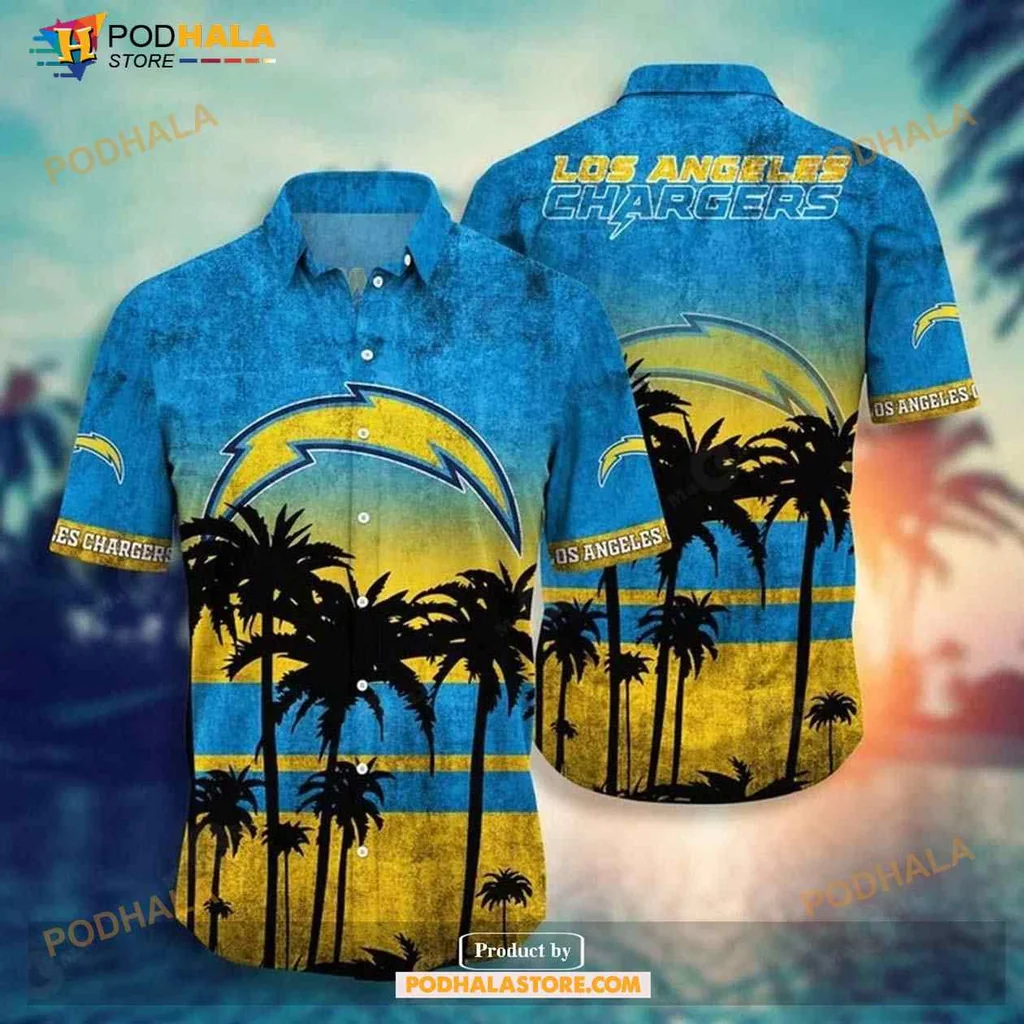 Los Angeles Chargers Hawaiian Shirt Featuring Vibrant Logo And Sunset Design